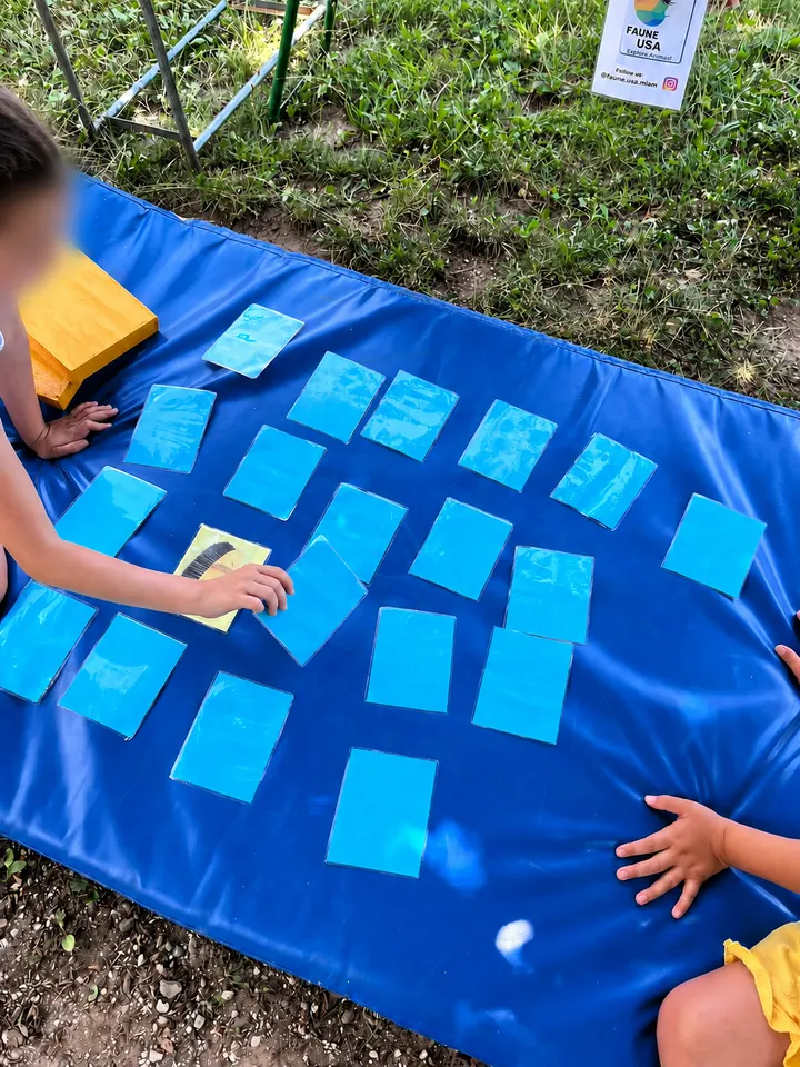 Bambini giocano a un gioco di memoria con le carte su un tappeto, all’aria aperta