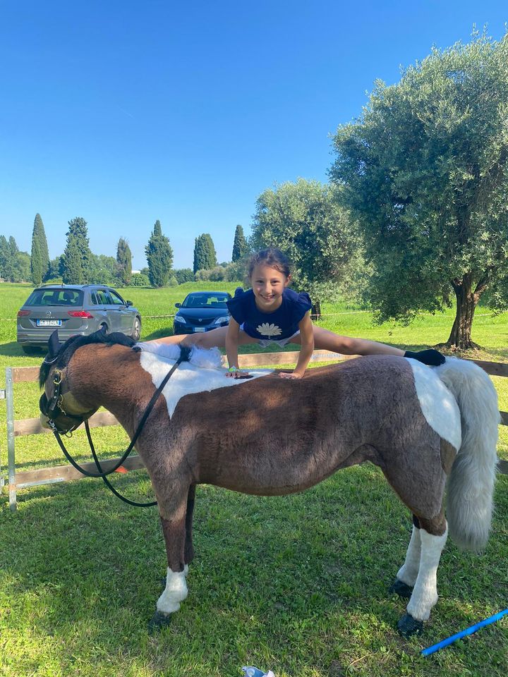 Bambina accanto a un pony pezzato sotto gli ulivi