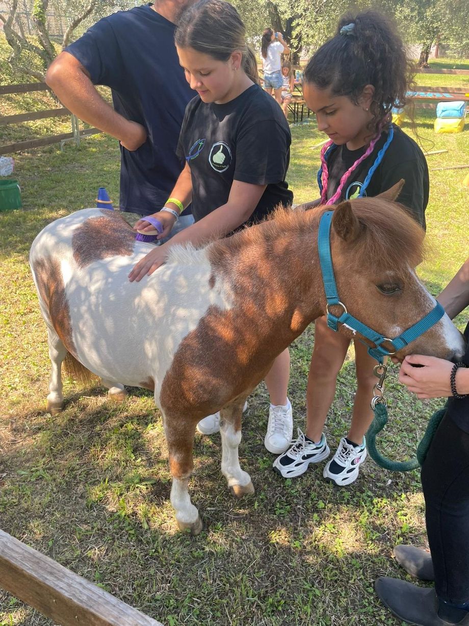 Due ragazze spazzolano un pony pezzato insieme a un’operatrice